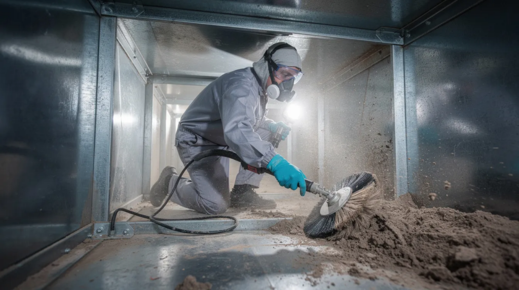 man performing air duct cleaning after fire