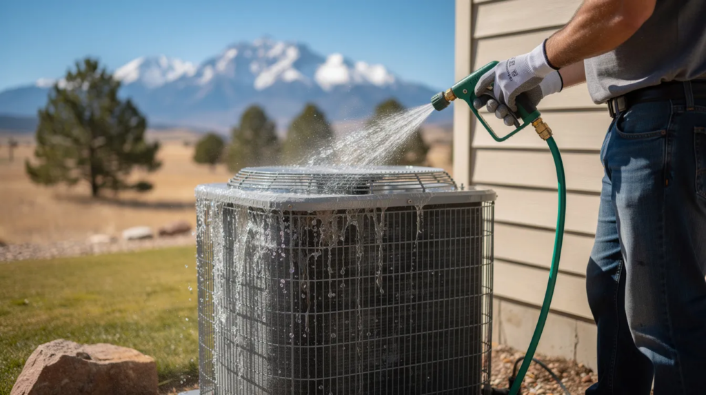 Cleaning an outdoor HVAC unit as part of HVAC system maintenance in Colorado