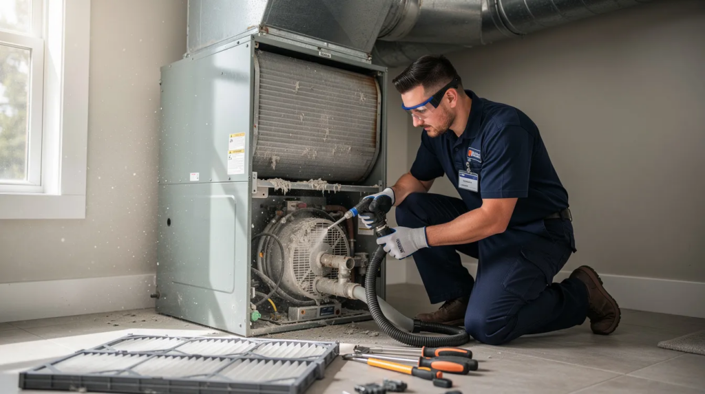 Professional technician cleaning an HVAC system and removing built-up dust and debris