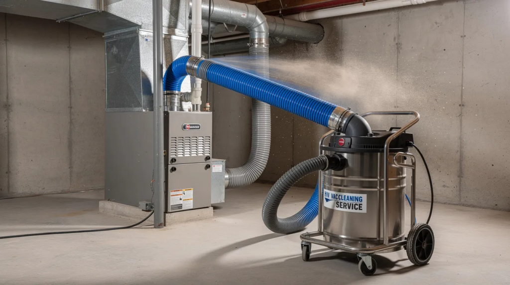 The image features professional HVAC cleaning equipment, including large hoses connected to a residential furnace system, highlighting tools essential for air duct cleaning and improving indoor air quality. This setup is designed to effectively remove debris and dust from the entire HVAC system, ensuring clean air vents and enhancing overall air quality in the home.