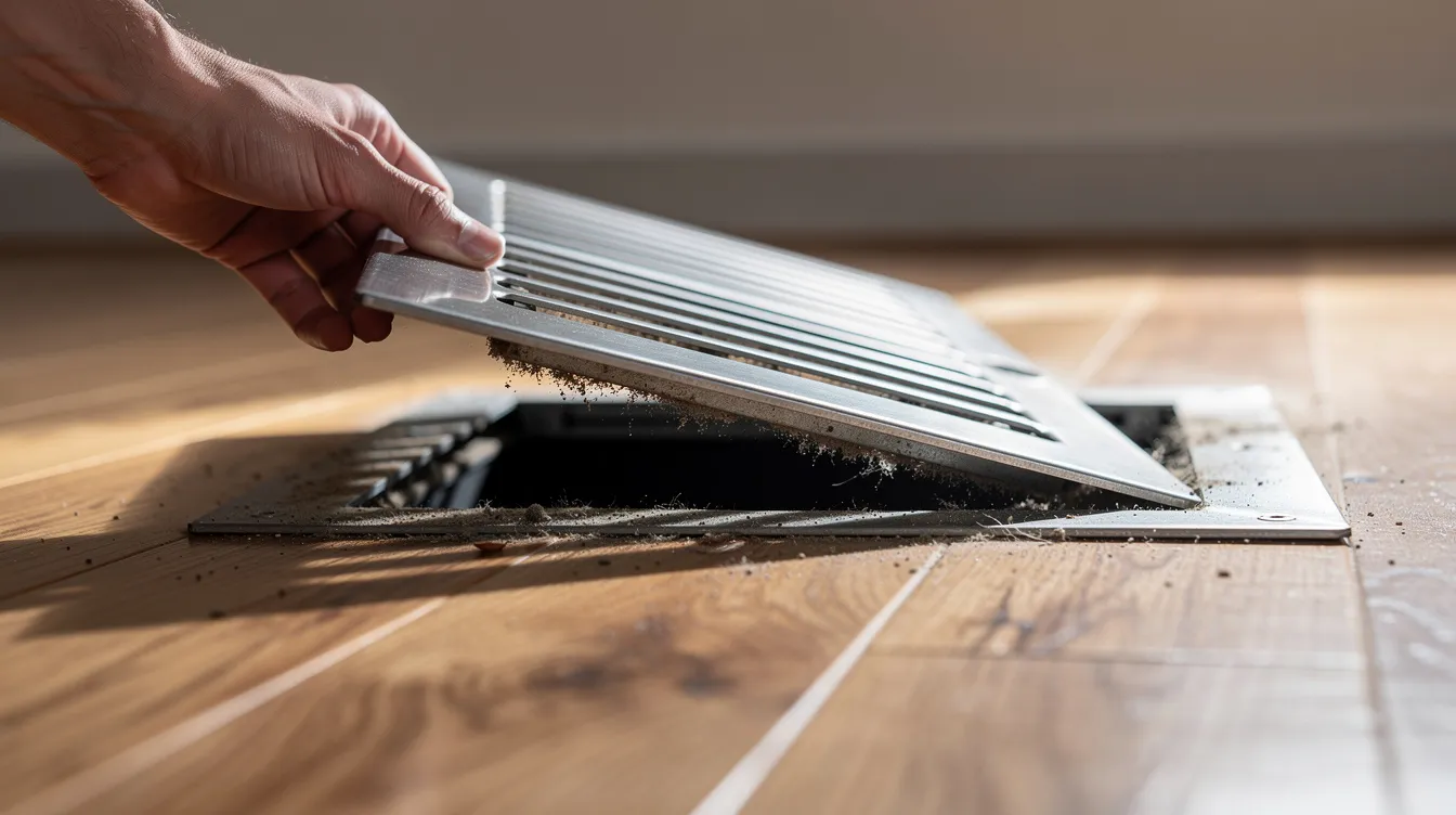 A person is lifting a metal floor vent register from a hardwood floor as part of the cleaning process to improve indoor air quality. The individual is preparing to clean the vent, which is essential for maintaining the efficiency of the HVAC system and preventing dirt and lint buildup.