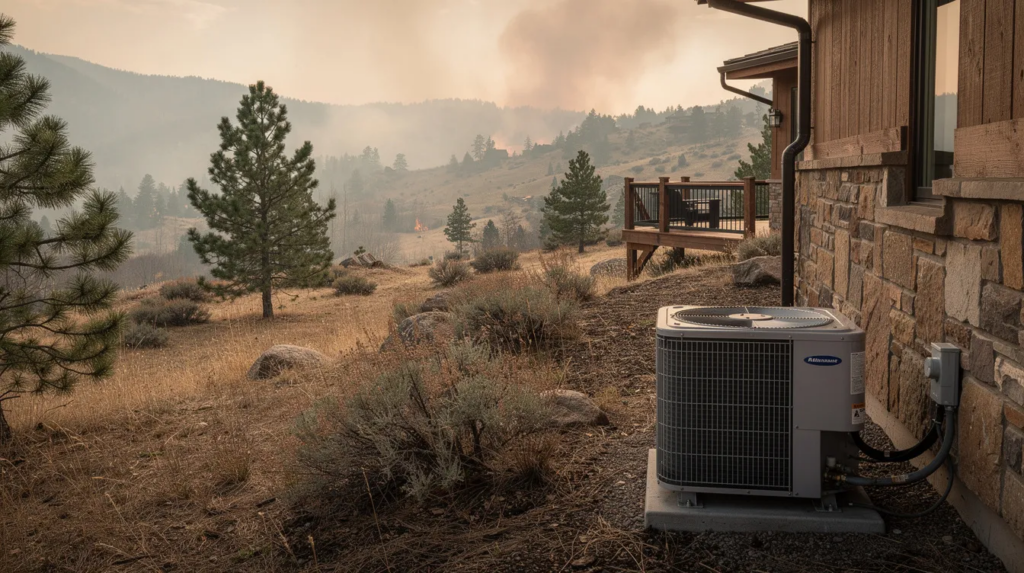 The image depicts a Colorado home with a backdrop of wildfire smoke and haze, featuring an outdoor HVAC unit. This scene highlights the importance of air duct cleaning and maintaining indoor air quality, especially in areas affected by smoke damage and persistent smoke odors.