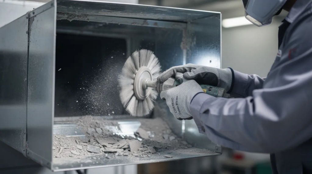 A professional HVAC technician is seen closely working with a rotary brush tool inside a metal air duct, where visible dust and debris indicate the need for air duct cleaning. This maintenance helps improve indoor air quality and prevent health problems associated with dirty air ducts.