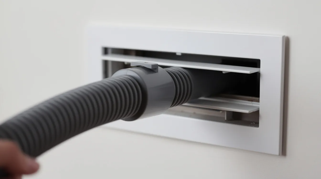 A vacuum cleaner hose is being inserted into a rectangular air vent opening on a wall, illustrating the cleaning process for improving indoor air quality by removing dust and debris from the air ducts. This routine maintenance helps ensure the efficiency of the HVAC system and promotes clean air throughout the living space.
