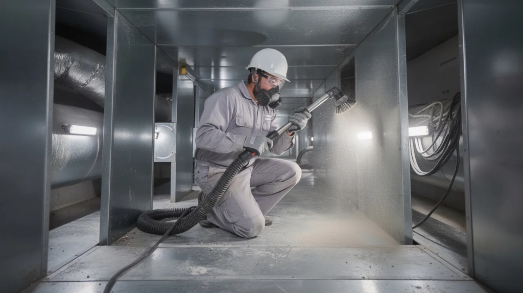 A professional HVAC technician, equipped with personal protective equipment, is engaged in the thorough cleaning process of a residential air duct system using specialized equipment. This meticulous air duct cleaning aims to improve indoor air quality by removing persistent smoke odors and fine soot particles, ensuring a healthier environment for property owners.