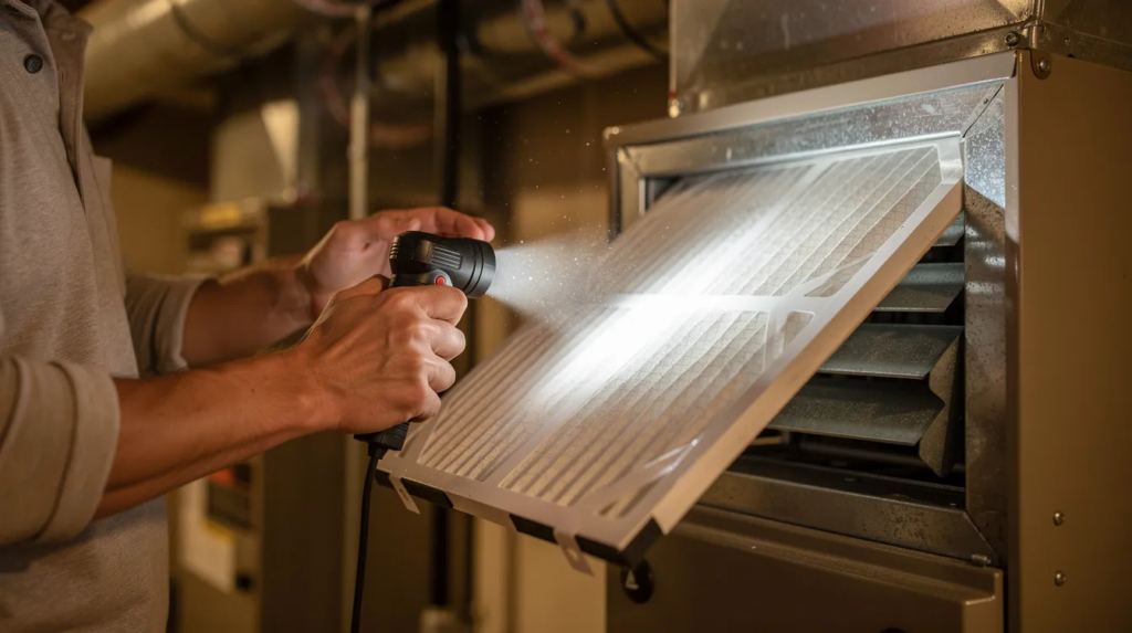 A close-up image shows a person wearing personal protective equipment, holding a flashlight to inspect an HVAC air filter near a furnace. This inspection is crucial for maintaining indoor air quality and addressing concerns related to smoke damage and persistent odors in the air duct system.