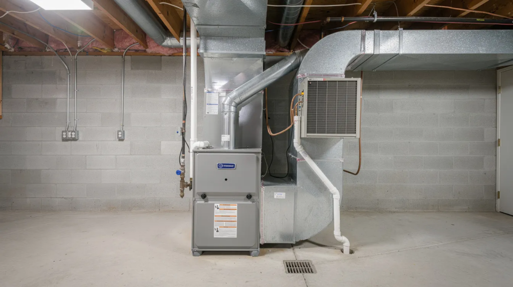The image shows a residential furnace and evaporator coil unit located in a basement utility room, surrounded by air ducts that are part of the HVAC system. Proper maintenance, including routine air duct cleaning, is essential for improving indoor air quality by removing contaminants and ensuring proper airflow.